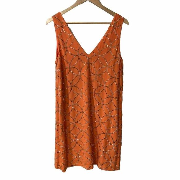Trina Turk Sally Silk Embellished Mini Dress Size 8 Orange Gold Cocktail - Picture 3 of 12